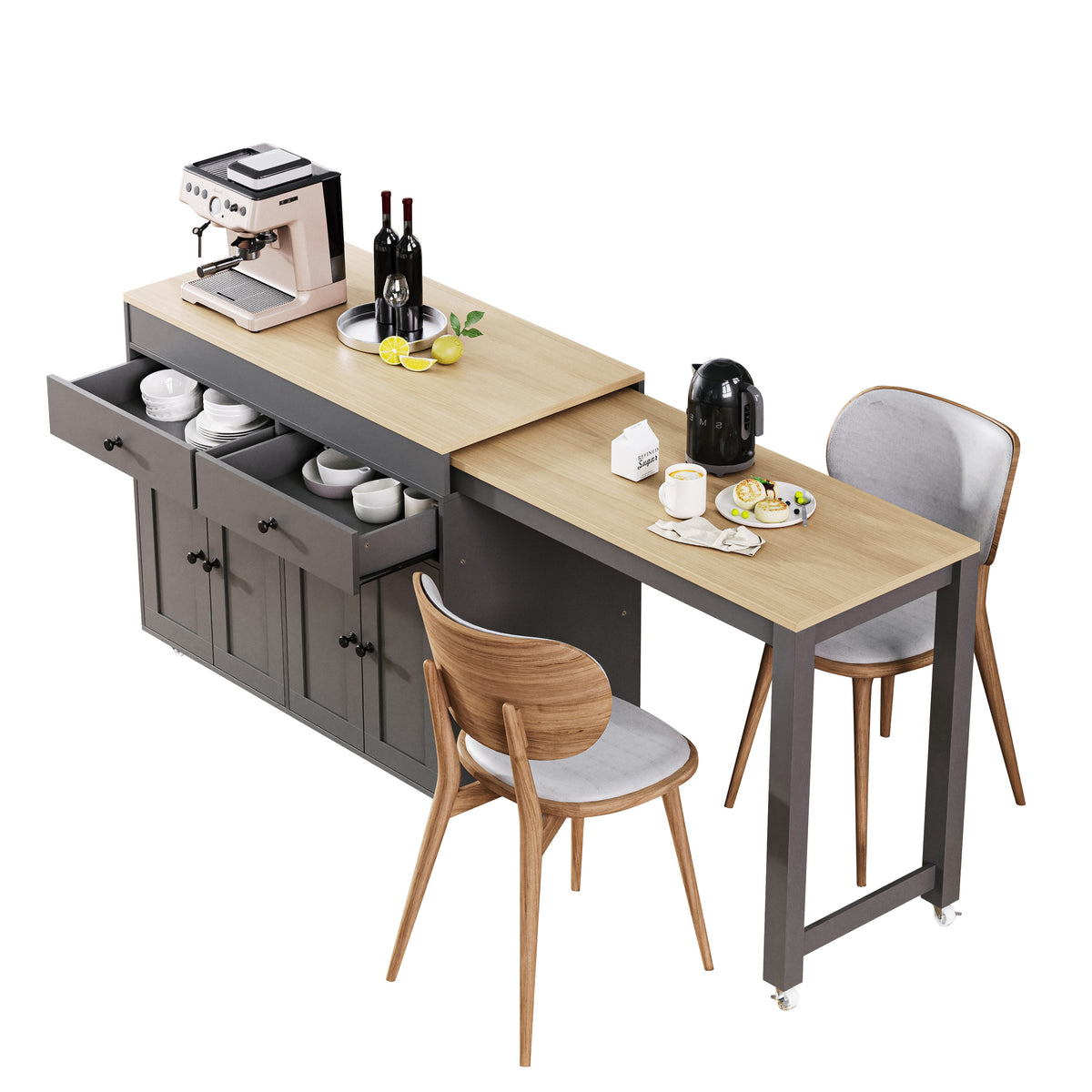 variant-group:rf-n707s000009g|Roomfitters 74.5" Kitchen Island with Extendable Table, Rolling Cart with Spice Rack, Storage Cabinet, Grey