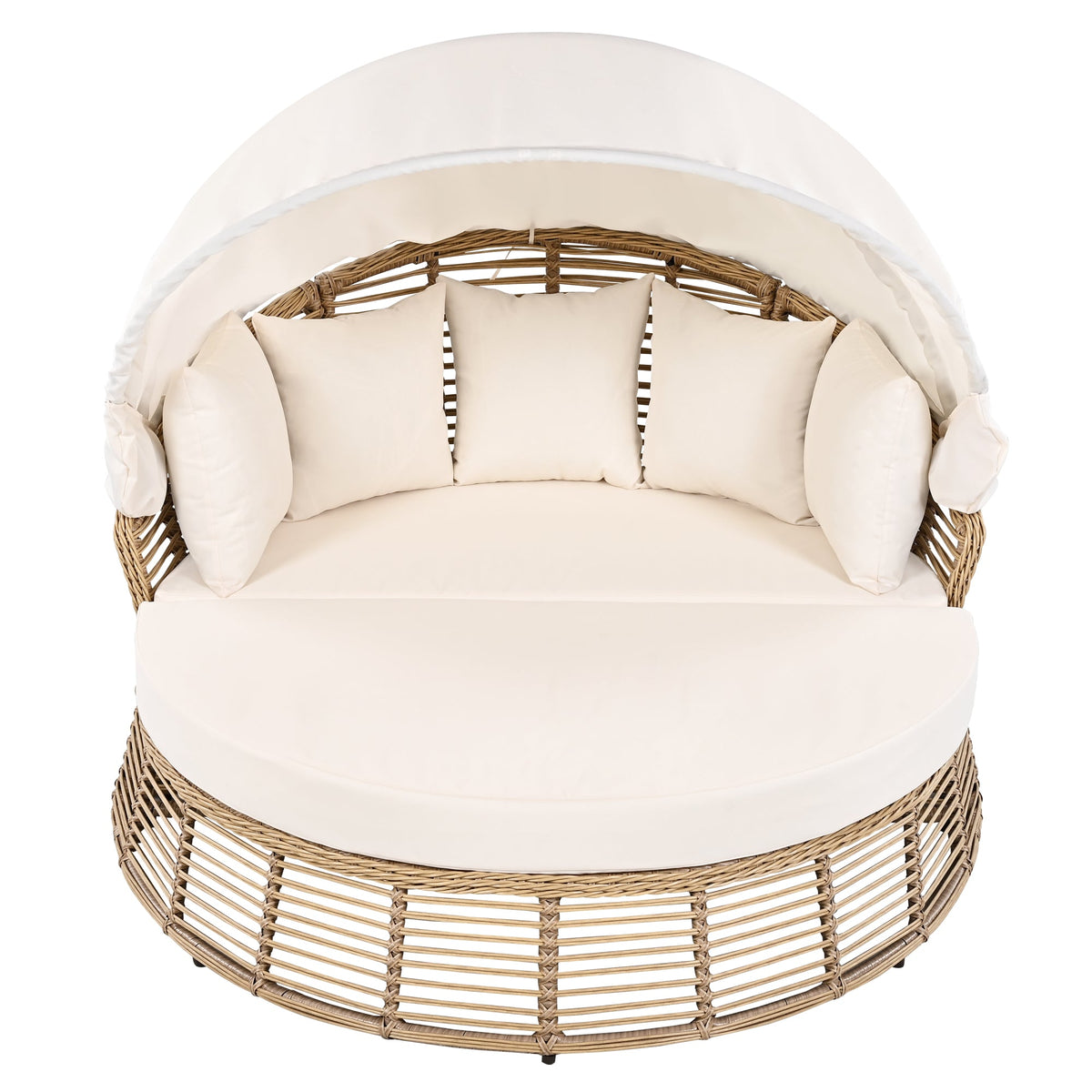 Roomfitters Outdoor Patio Rattan Round Daybed with Retractable Canopy and Removable Wicker Sectional Cushions Roomfitters