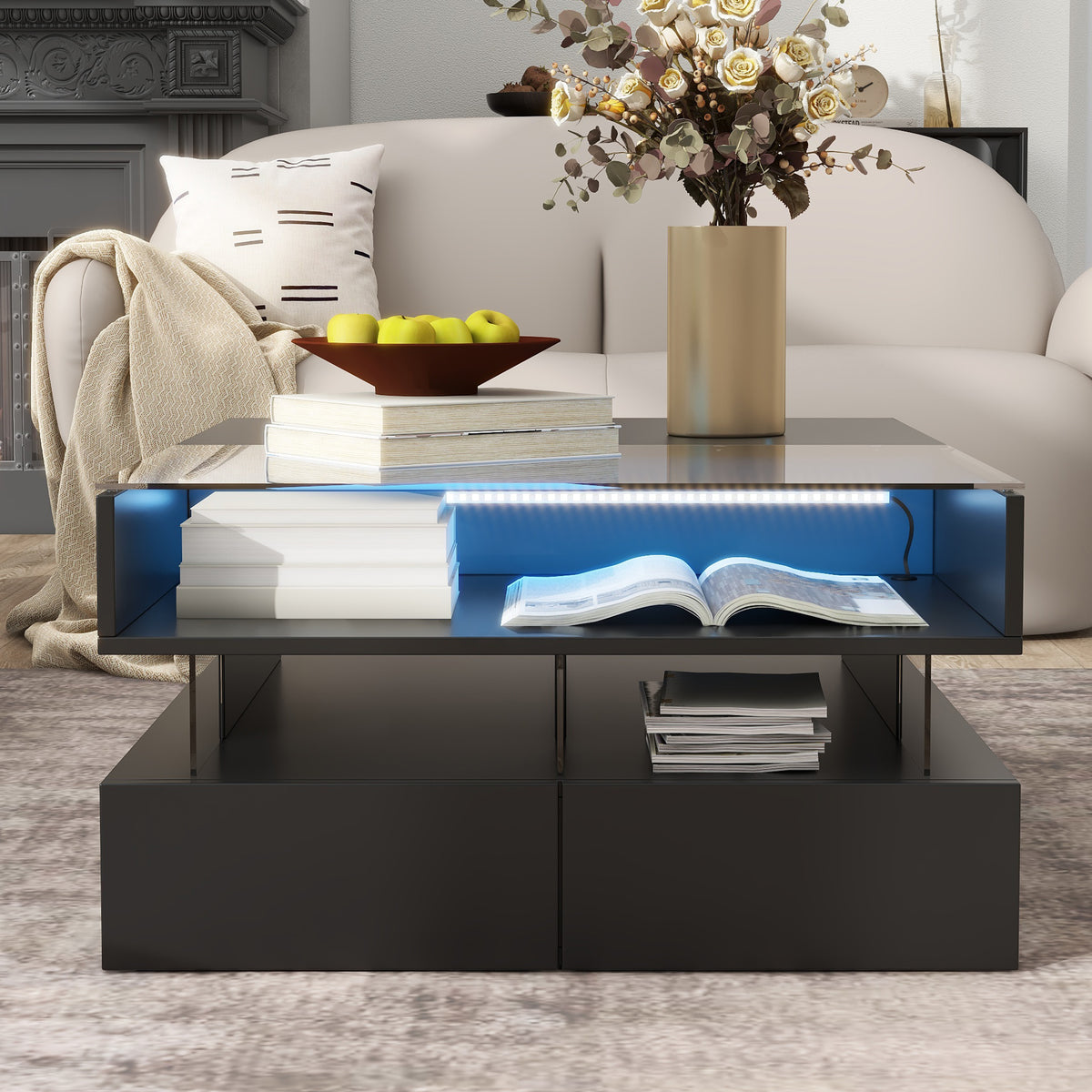 variant-group:rf-n724p290043b|Roomfitters Lift-Top Square Coffee Table with Glass Surface, Hidden Storage, High Gloss Finish, Black