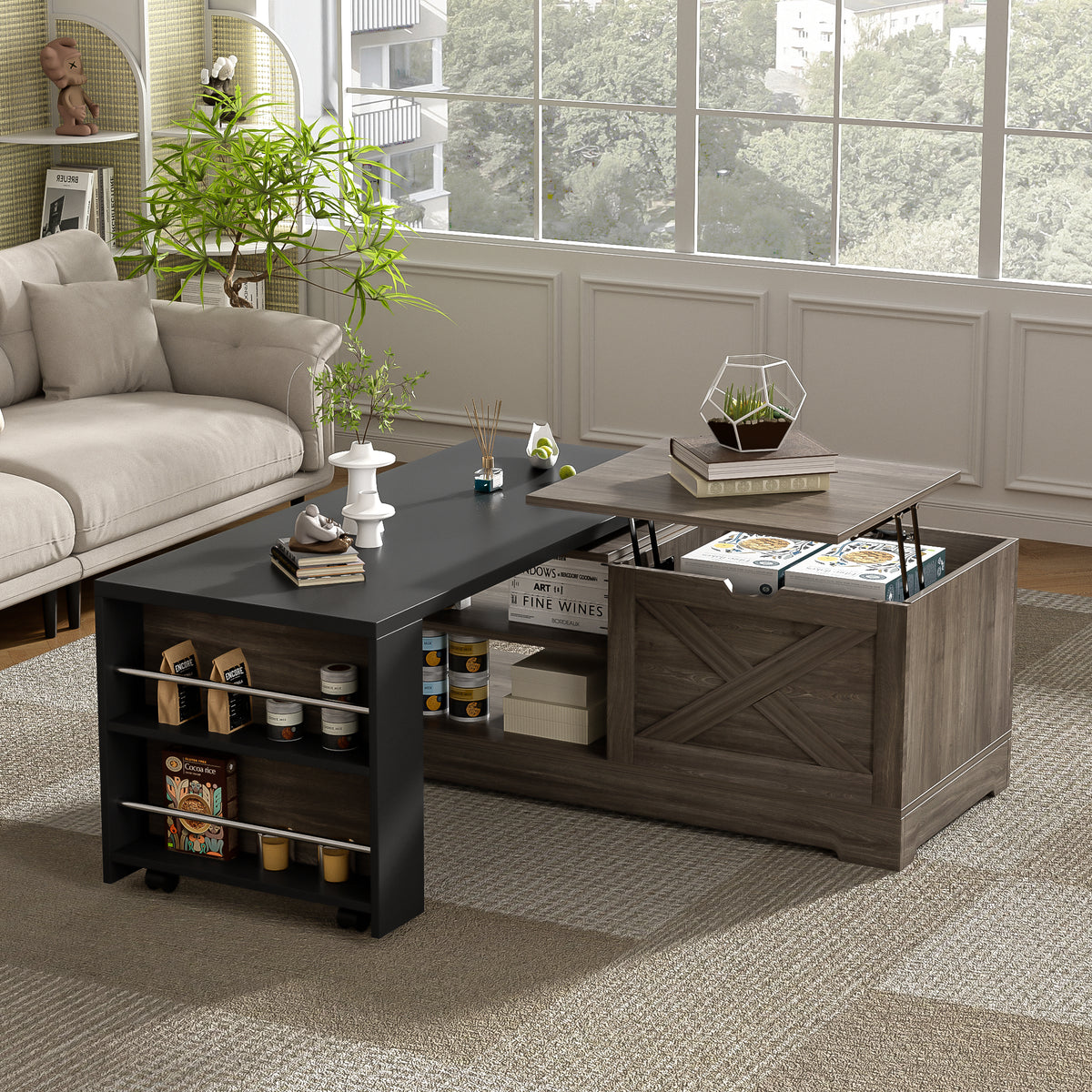 variant-group:rf-n724p351732e|Roomfitters Farmhouse Lift Top Coffee Table with Barn Doors and Outlets, Brown & Black