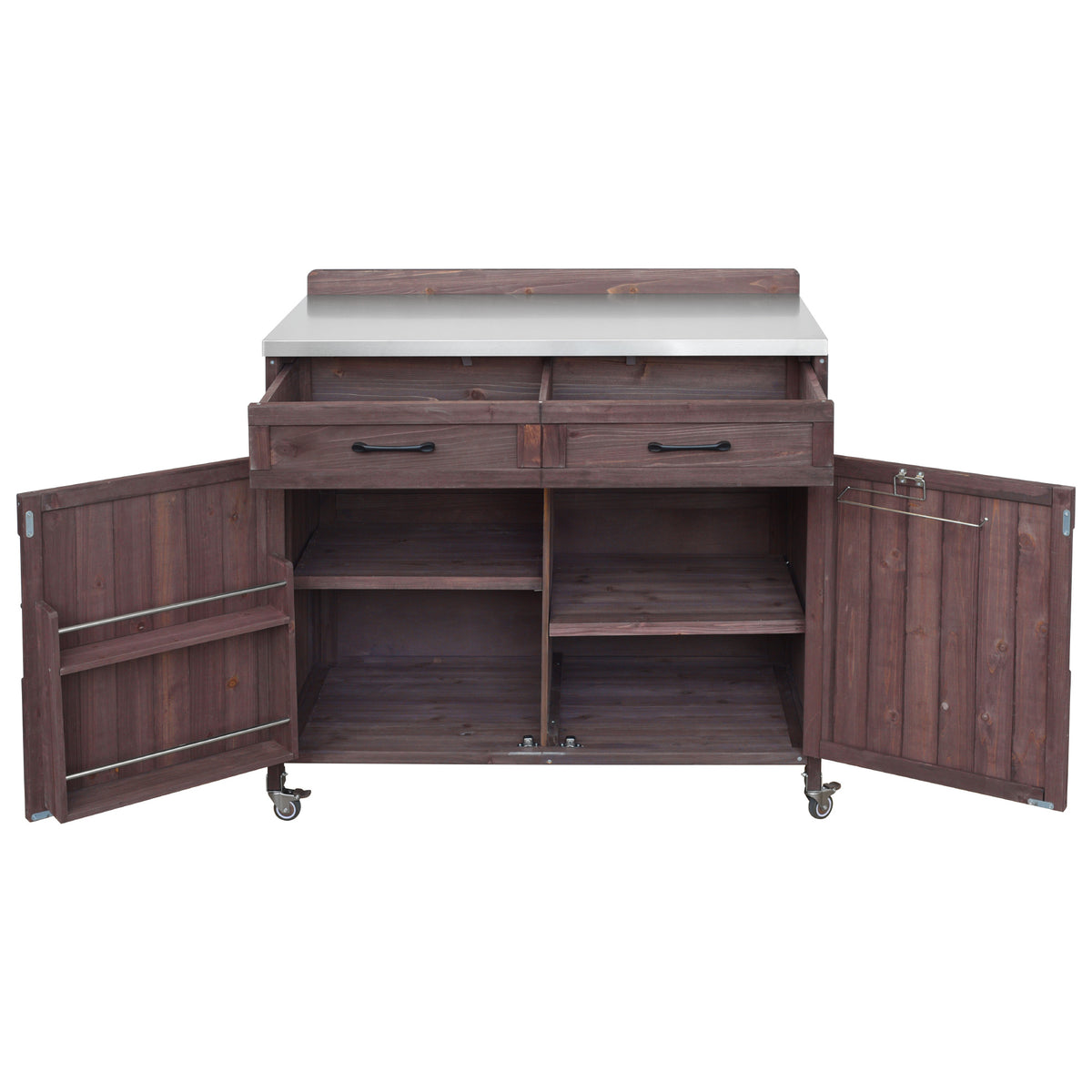 variant-group:rf-n707p370273z|Roomfitters 39.4" Grill Cart, Outdoor Kitchen Island with Stainless Steel Top, BBQ Prep Station with Storage Cabinet, Brown