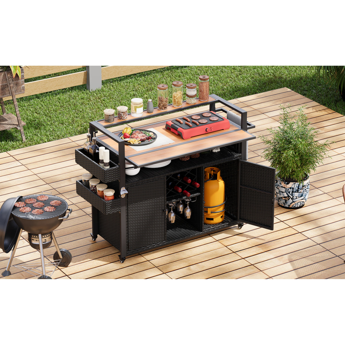 variant-group:rf-n707p233747b|Roomfitters 52.8" Wicker Outdoor Grill Cart with Plastic Wood Table, Rolling Island with Storage Cabinet, Double Handles, Black Brown