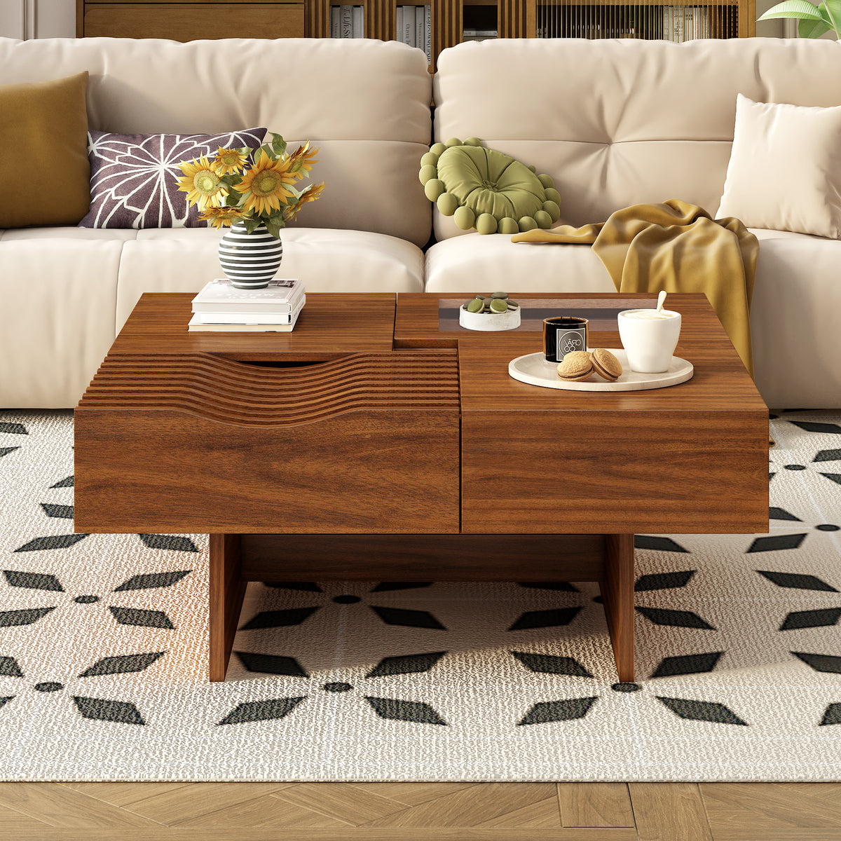 variant-group:rf-n724p270432d|Roomfitters Square Mid-Century Coffee Table with Glass Top and 3 Storage Compartments, Solid Wood Legs, Brown