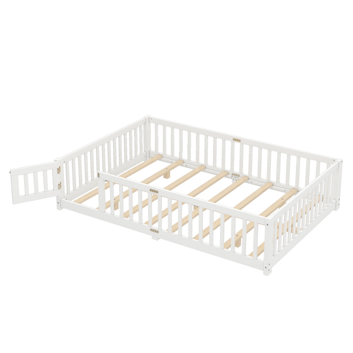 variant-group:rf-w1580p338953|Roomfitters Wooden Queen Floor Bed Frame with Door & Safety Guardrails, Low Platform Design for Bedroom or Playroom, White