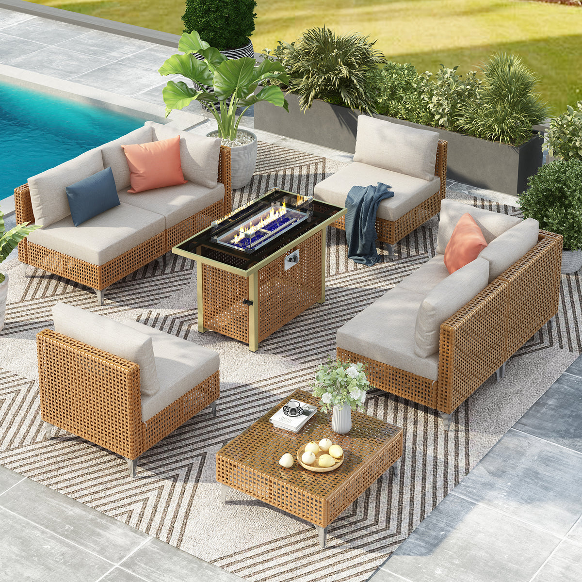 variant-group:rf-n707s000012z|Roomfitters 8-Piece Patio Furniture Set with 43" Fire Pit Table, Outdoor Conversation Set with Thick Cushions, Beige