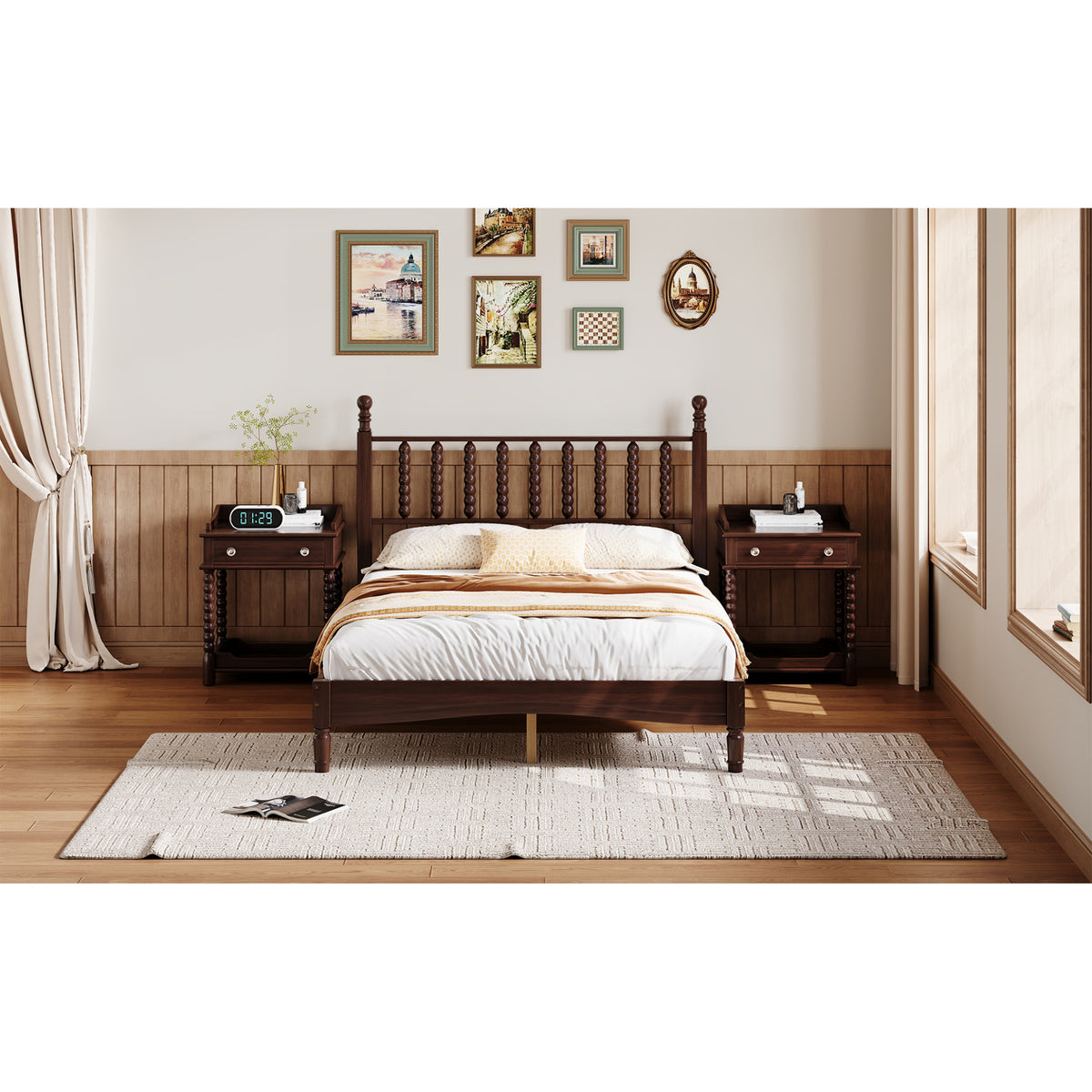 variant-group:rf-n733p338317d|Roomfitters Full Wood Platform Bed, Retro Gourd Spindle Headboard with Solid Slat Support, Walnut