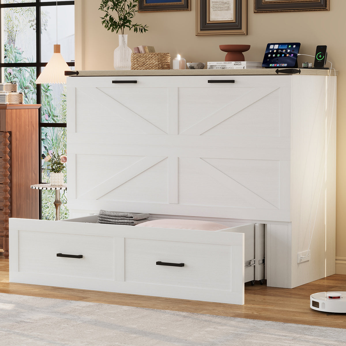 variant-group:rf-n733s237853w|Roomfitters Full Size Farmhouse Murphy Cabinet Bed with Charging Station, Foldable Platform Bed with Large Storage for Guest Room, Small Bedroom, White
