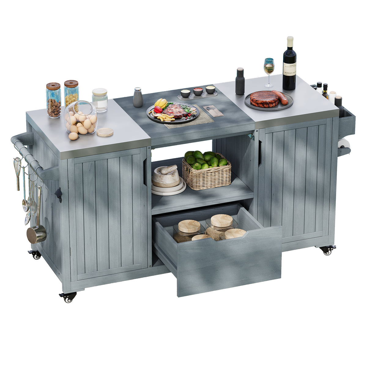 variant-group:rf-n707p250629g|Roomfitters 66.5" Outdoor Kitchen Island for Big Kamado Grills, Wood Grill Cart with Stainless Steel Top, Storage, Grey Blue