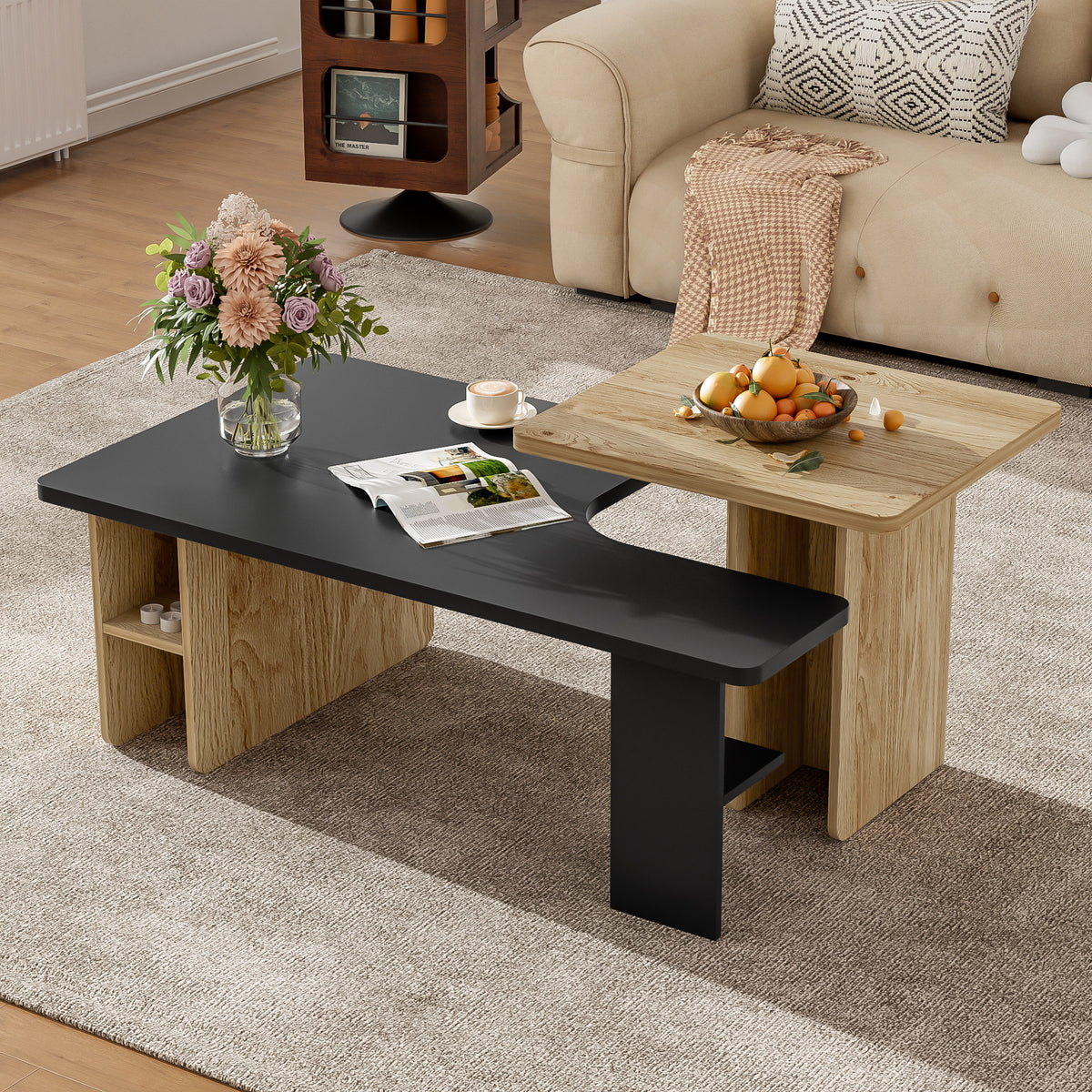 variant-group:rf-n724p294661b|Roomfitters Farmhouse Nesting Coffee Table Set of 2, Rectangle Wood Finish Accent Tables for Living Room and Sofa Side, Black
