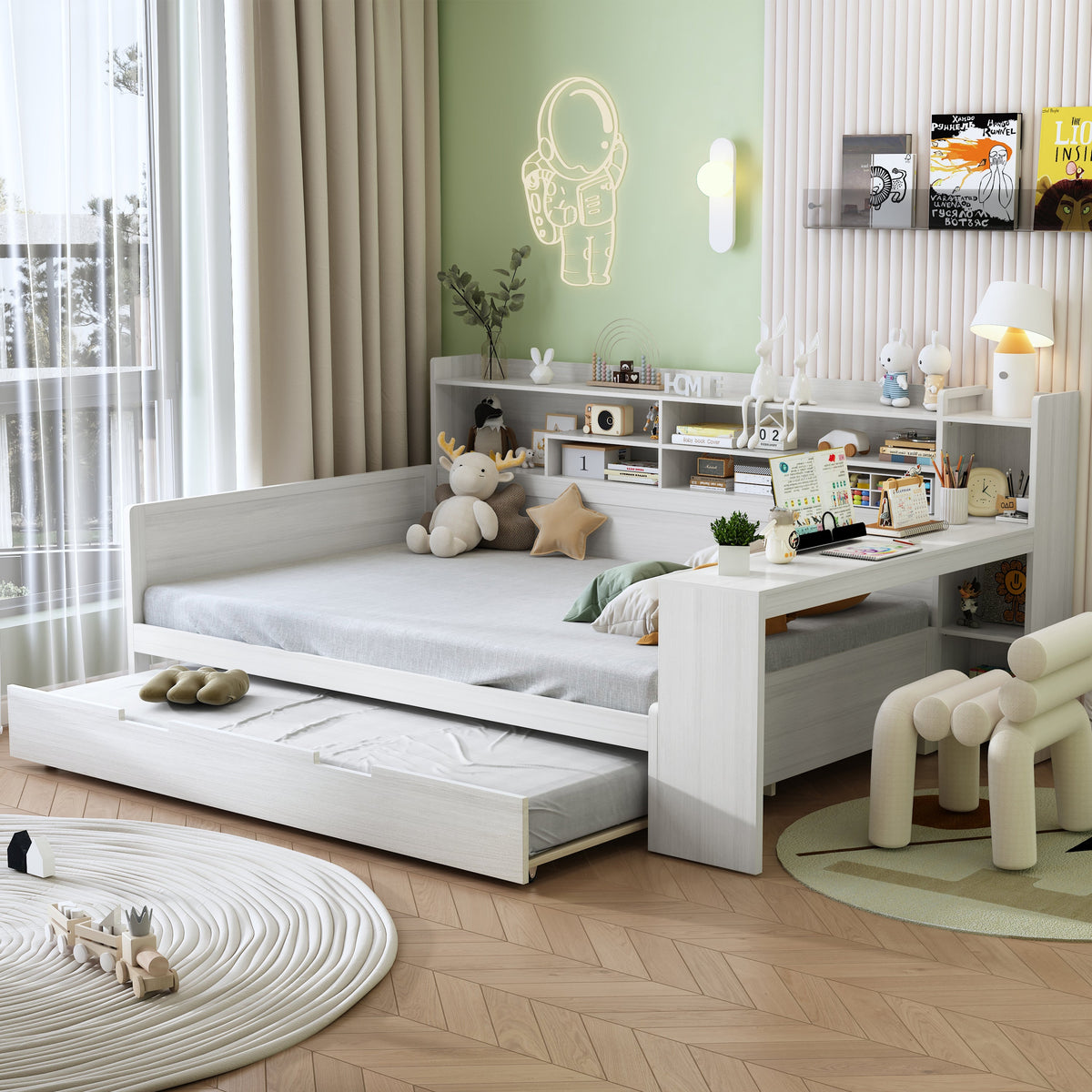 Roomfitters Wooden Full Size Daybed with Storage Shelves, Multi-functional Bed with Twin Size Trundle Bed and Study Desk, Antique White