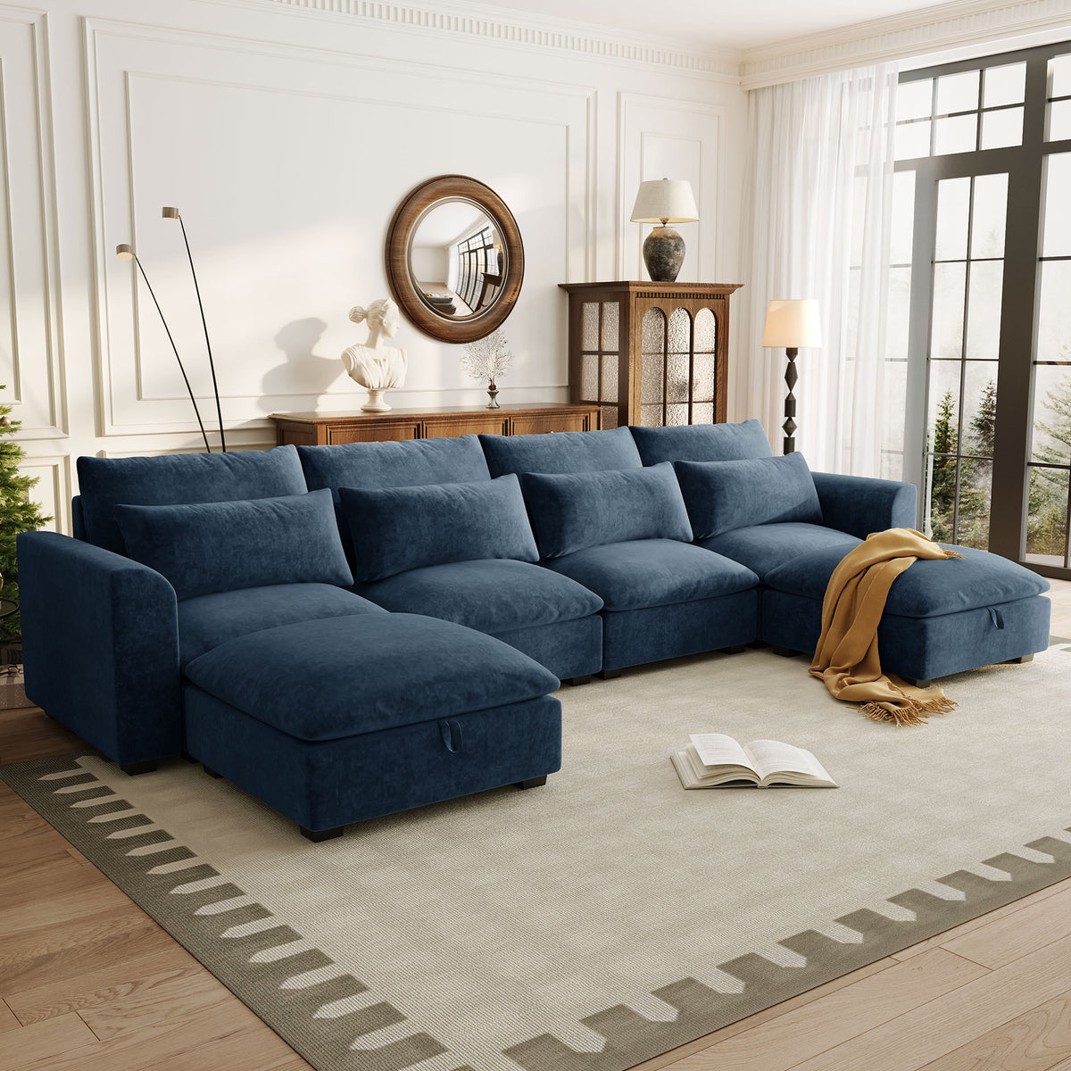 variant-group:rf-n711wy000491aac|Roomfitters 131.3-Inch Modern U-Shaped Sectional Sofa, 6-Seater Linen Blend Couch, 2 Storage Ottomans, Pit Lounge, Dark Blue