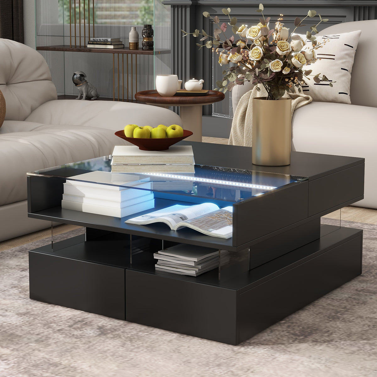 variant-group:rf-n724p290043b|Roomfitters Lift-Top Square Coffee Table with Glass Surface, Hidden Storage, High Gloss Finish, Black
