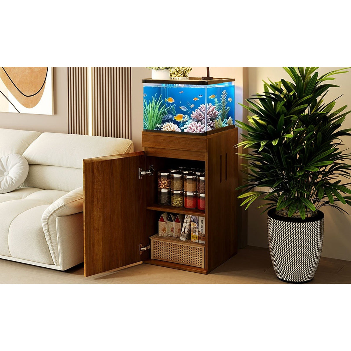 Roomfitters 10-15 Gallon Small Fish Tank Stand with Storage Cabinet and Side Power Outlets Walnut Brown Roomfitters