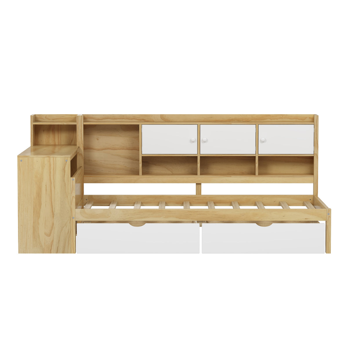 Roomfitters Wooden L-Shape Daybed with Seven Storage Cabinets and Two Storage Compartments, Multi-functional Bed with Study Desk and Built-in Bookshelf, Natural+White