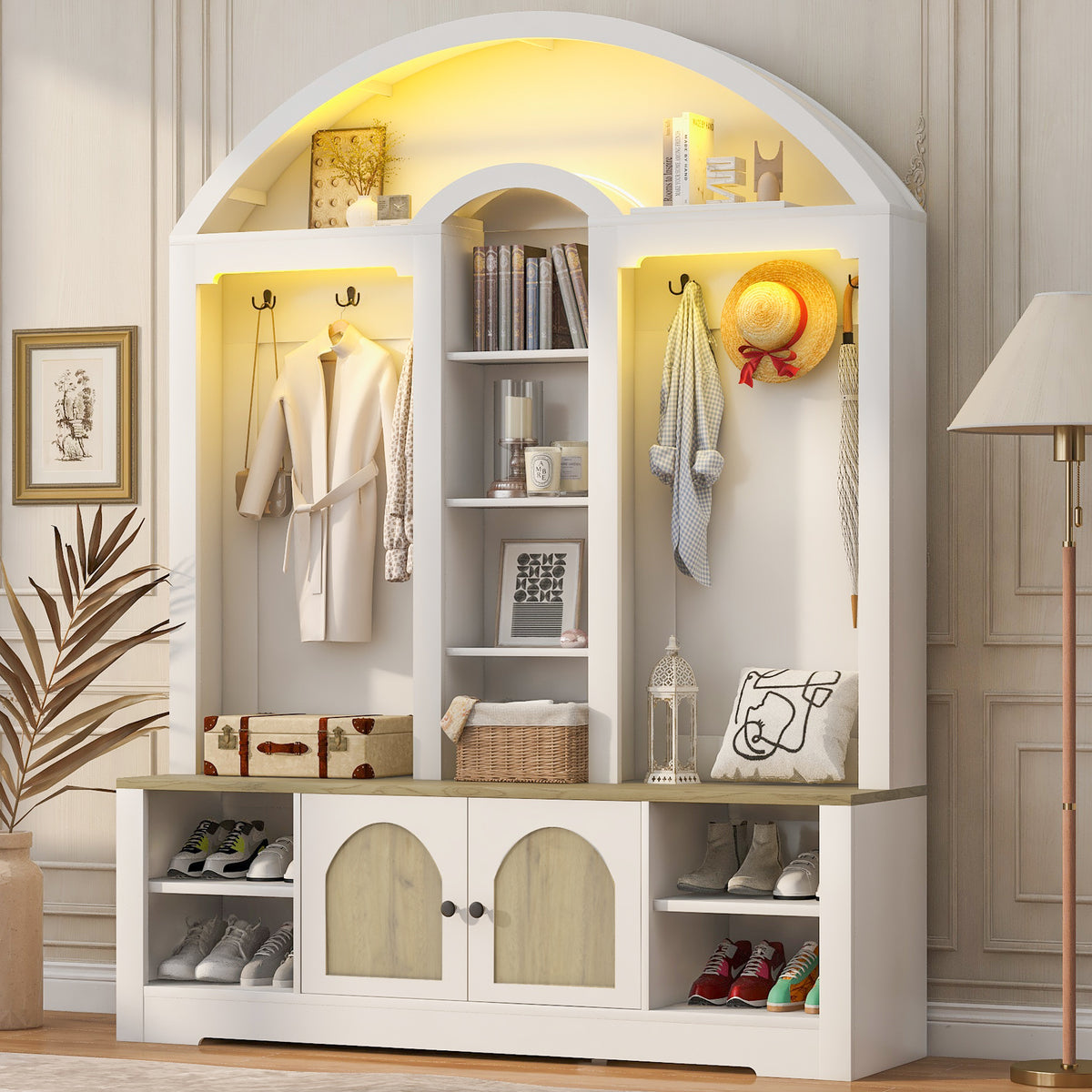 variant-group:rf-n724sj000158aak|Roomfitters Multi-Functional Curved Entrance Wardrobe, Hall Tree, White & Walnut