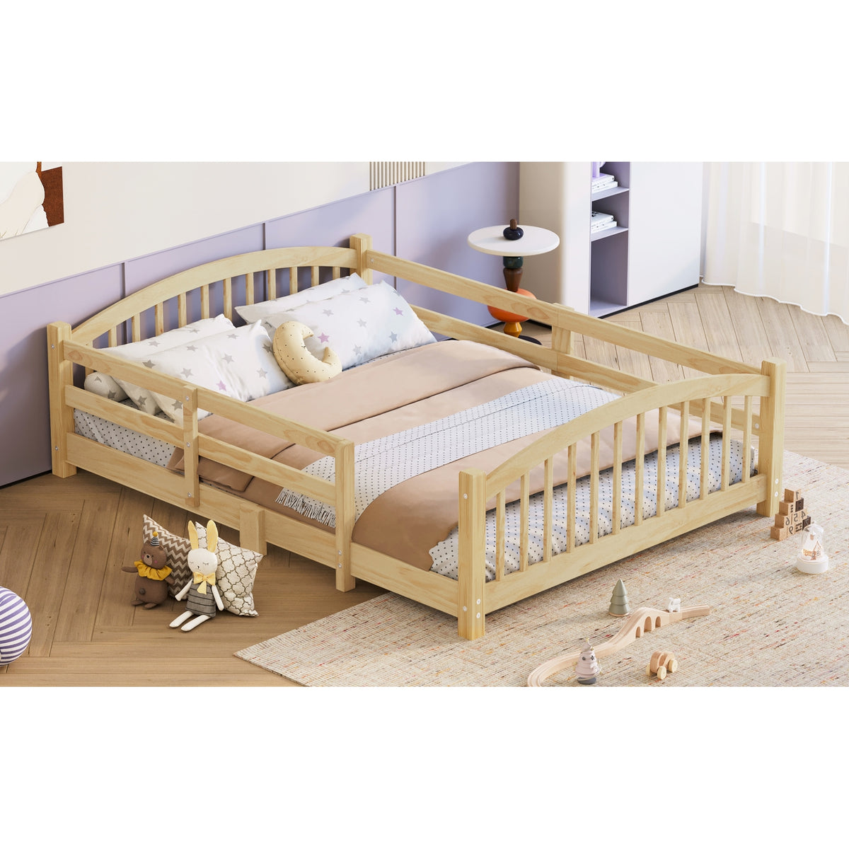 variant-group:rf-n733p400299n|Roomfitters Full Montessori Floor Bed with Guardrails, Solid Wood Low Platform Bed with Slats, Easy Assembly, Natural