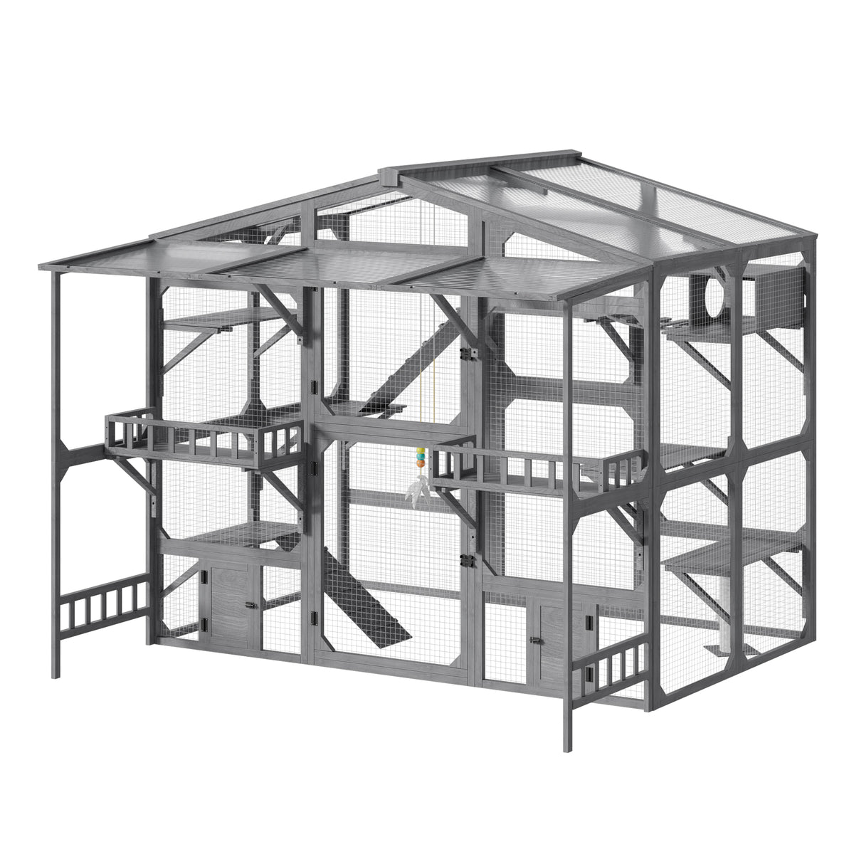 variant-group:rf-n704g201620e|Roomfitters Extra Large Wood Catio Cat Cage Outdoor Kennel with Transparent Sunroof and Dual Storage Shelves Gray