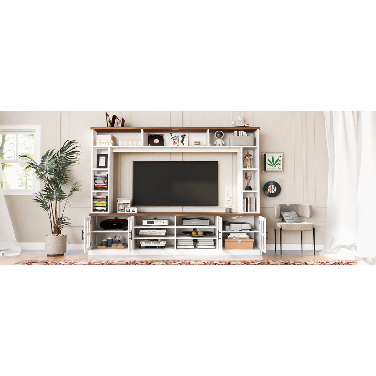 variant-group:rf-n724sj000127aak|Roomfitters Wall Unit Entertainment Center for up to 80 Inch TV, Media Console with Cabinets and Bookshelves, White
