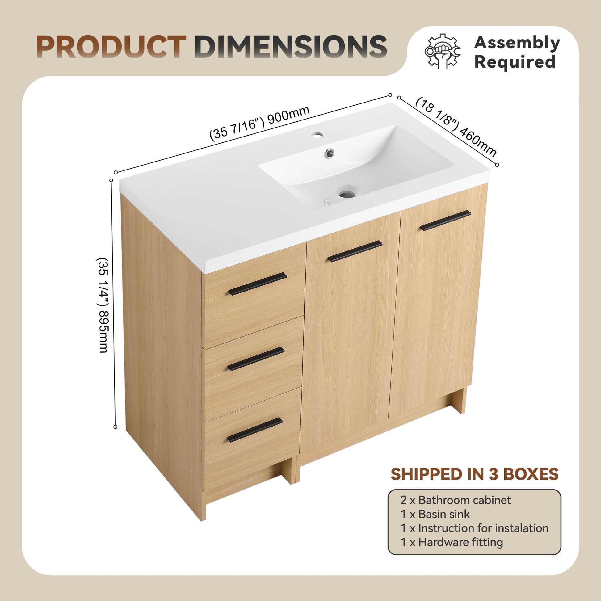 36" Modular Freestanding Bathroom Vanity with 36" Resin Sink Top, Light Oak, 2-Piece Cabinet (24" 2-Door + 12" 3-Drawer), KD Cabinet, Includes Black & Brushed Aluminum Handles Roomfitters