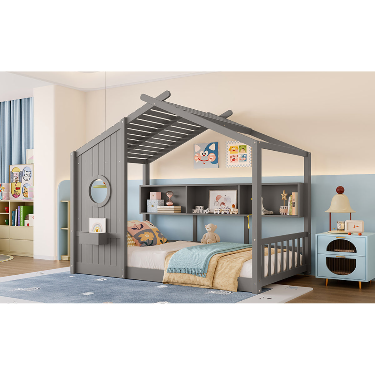 variant-group:rf-n733p335064e|Roomfitters Twin Size Floor House Bed with Storage Shelf and Roof Design, Montessori Playhouse Bed, Gray