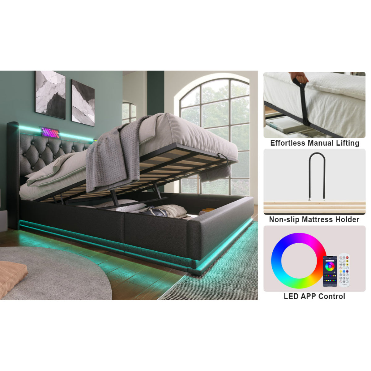variant-group:rf-n736p188808b|Roomfitters King Size Upholstered Storage Bed with USB Type-C Charging and Remote Control, Faux Leather Black