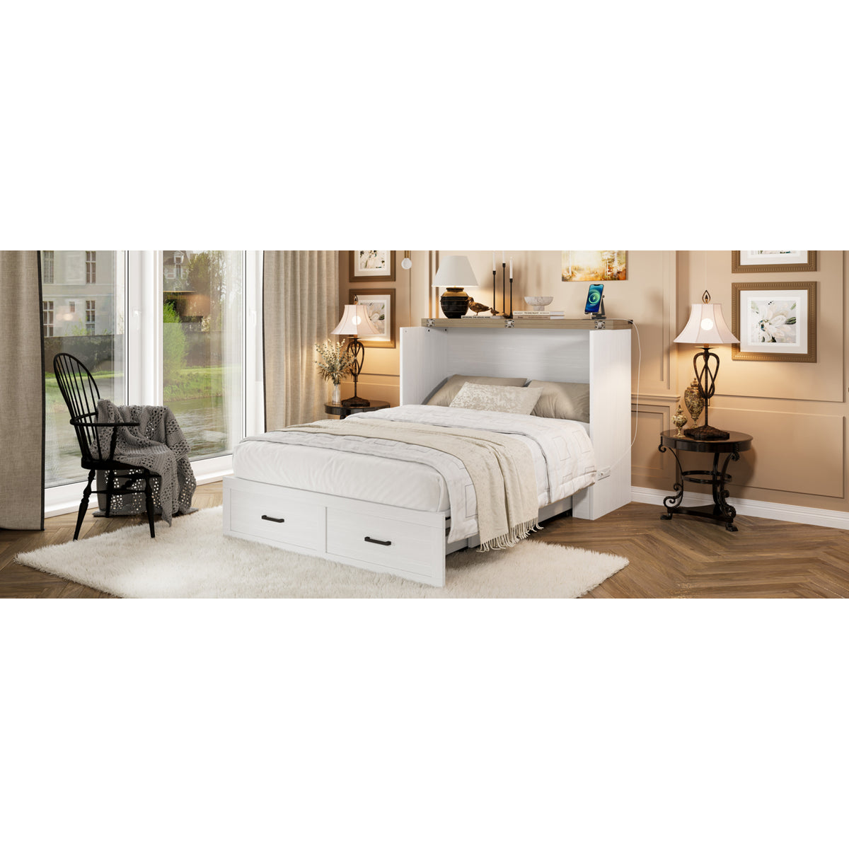 variant-group:rf-n733s293995w|Roomfitters Full Size Murphy Bed Cabinet with Charging Station, Foldable Platform Bed with Storage Drawer, White
