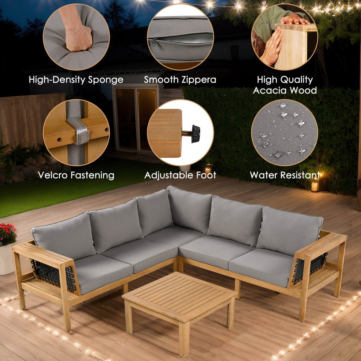 variant-group:rf-n704f201249e|Roomfitters 4-Piece Outdoor Sectional Sofa Set with Coffee Table and Built-in Side Shelves, Wood Frame, Gray+Natural