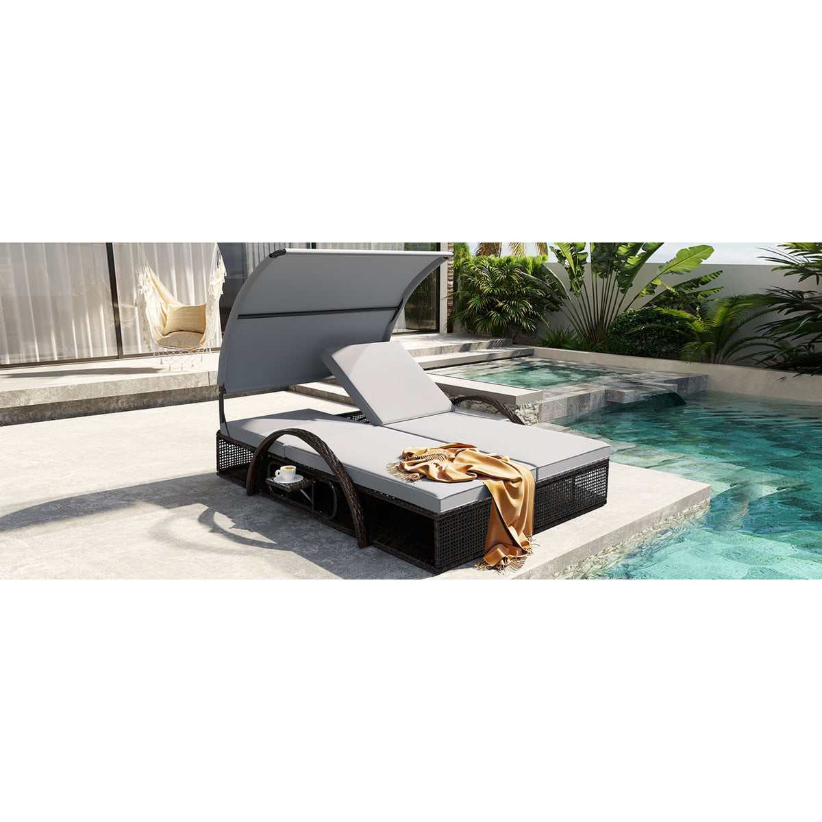 variant-group:rf-n711wy000485aae|Roomfitters Slate Grey HDPE Wicker Outdoor Double Sunbed, Steel Frame Patio Chaise, Hidden Side Tables, Canopy