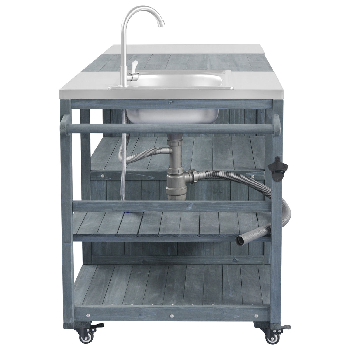 variant-group:rf-n707s000022g|Roomfitters 75.4" Outdoor Kitchen Island with Sink, Fir Wood Grill Cart for XL Green Egg & Tabletop Grills, Grey Blue