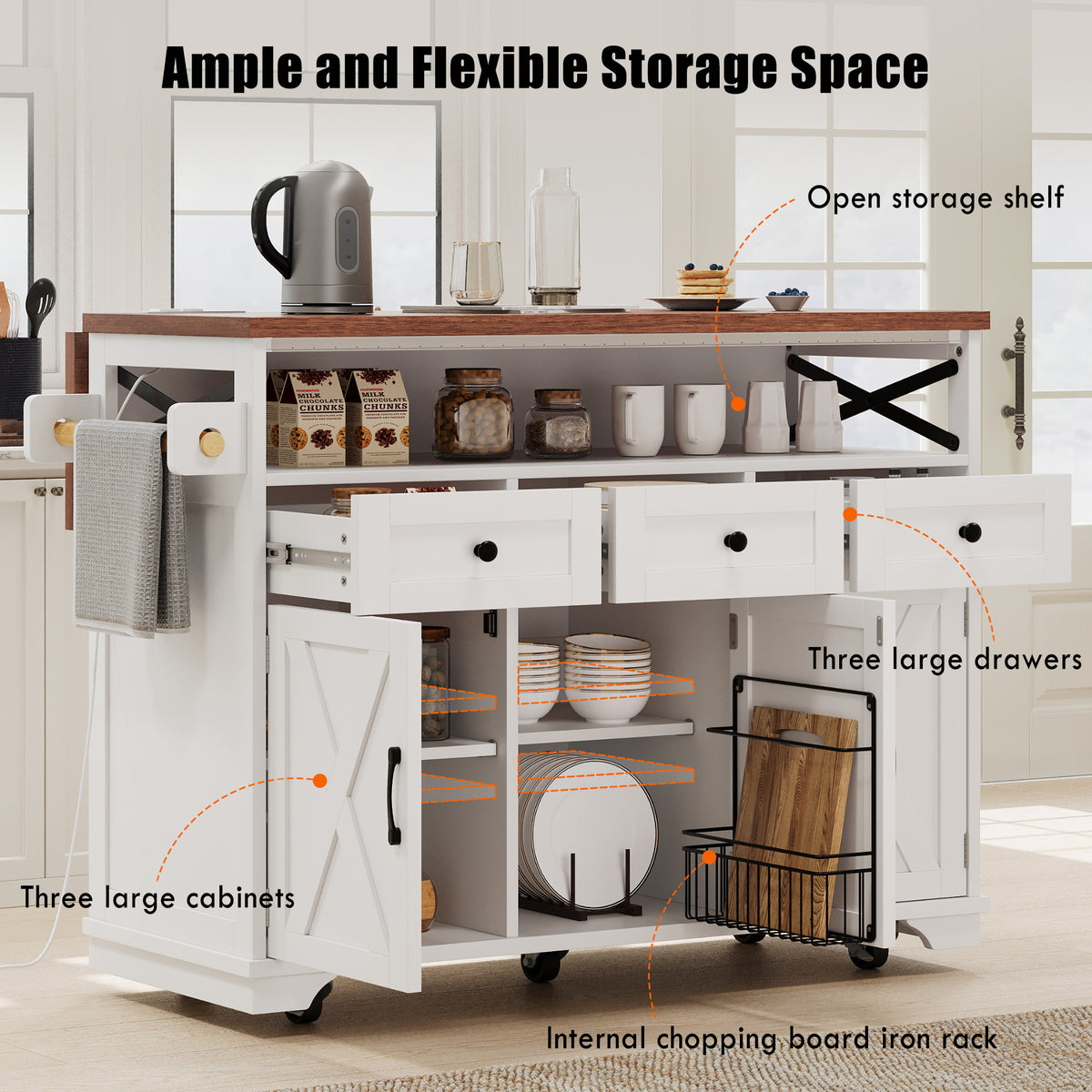 variant-group:rf-n707p254872w|Roomfitters 46.5" Rolling Kitchen Island with Drop Leaf, Mobile Cart with 2 AC Outlets & USB, Beaded Drape & 3 Drawers, White