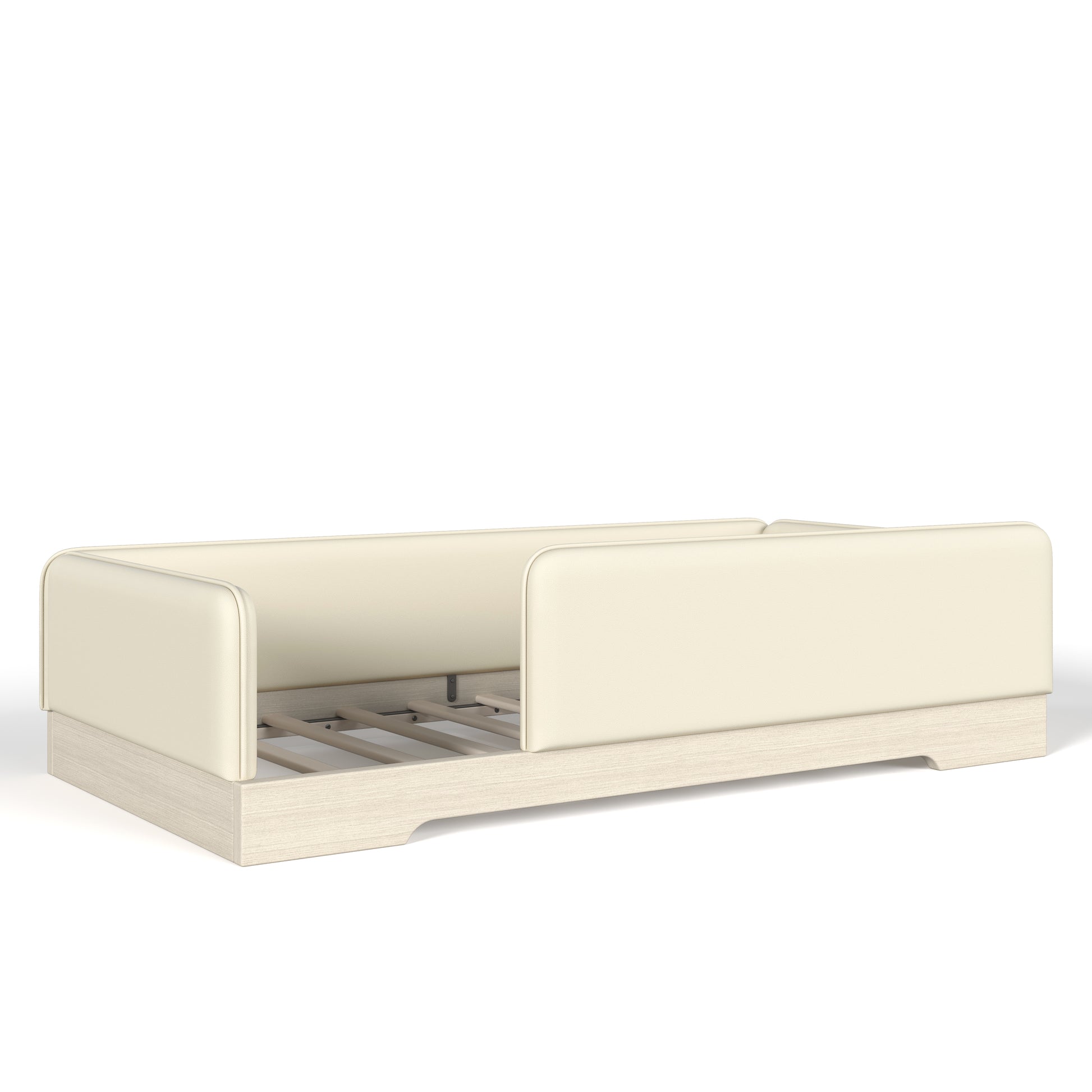 variant-group:rf-w1580p493129|Roomfitters Twin Size Upholstered Floor Bed Frame with Removable Guardrails, Faux Leather Low Profile Platform, Beige