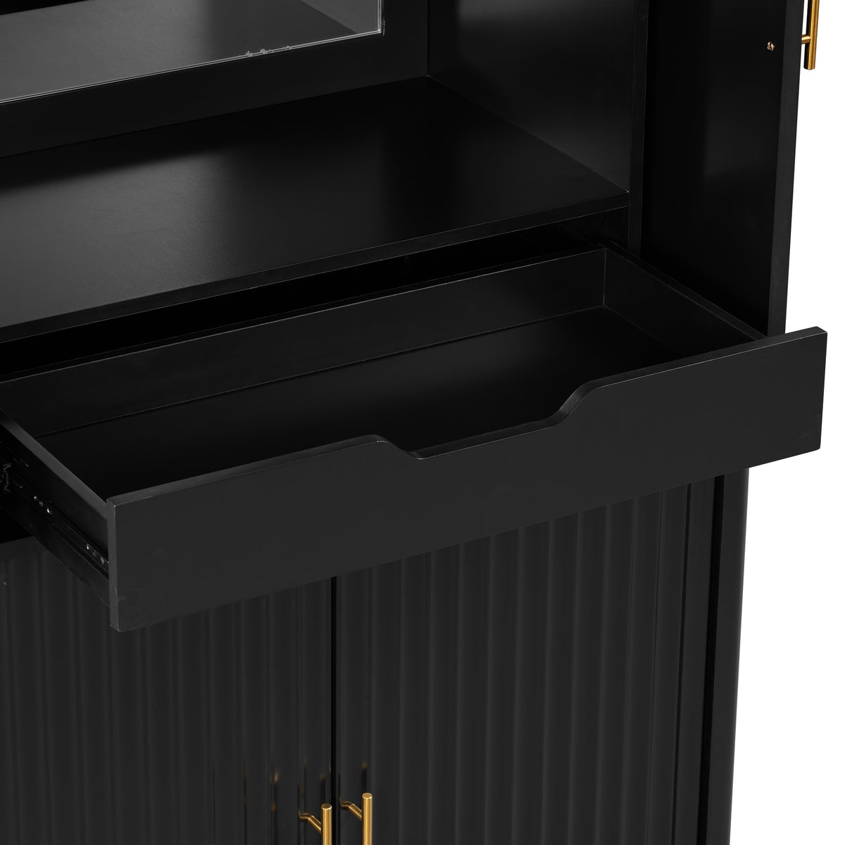 variant-group:rf-n711wy000539aab|Roomfitters Modern Black Fluted 4-Door Tall Wine Bar Storage Cabinet, Glass Display Rack, Built-In LED Lighting