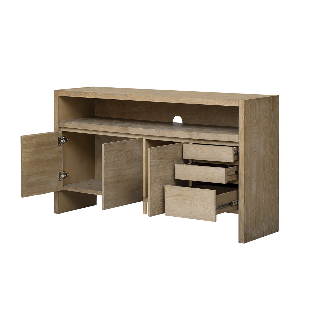 variant-group:rf-n711p289141o|Roomfitters 60" Modern Solid Wood Veneer Sideboard with 3 Doors & 3 Drawers, Open Shelf & Cable Cutout, Large Storage Cabinet for Dining, Hallway, Living Room, Natural