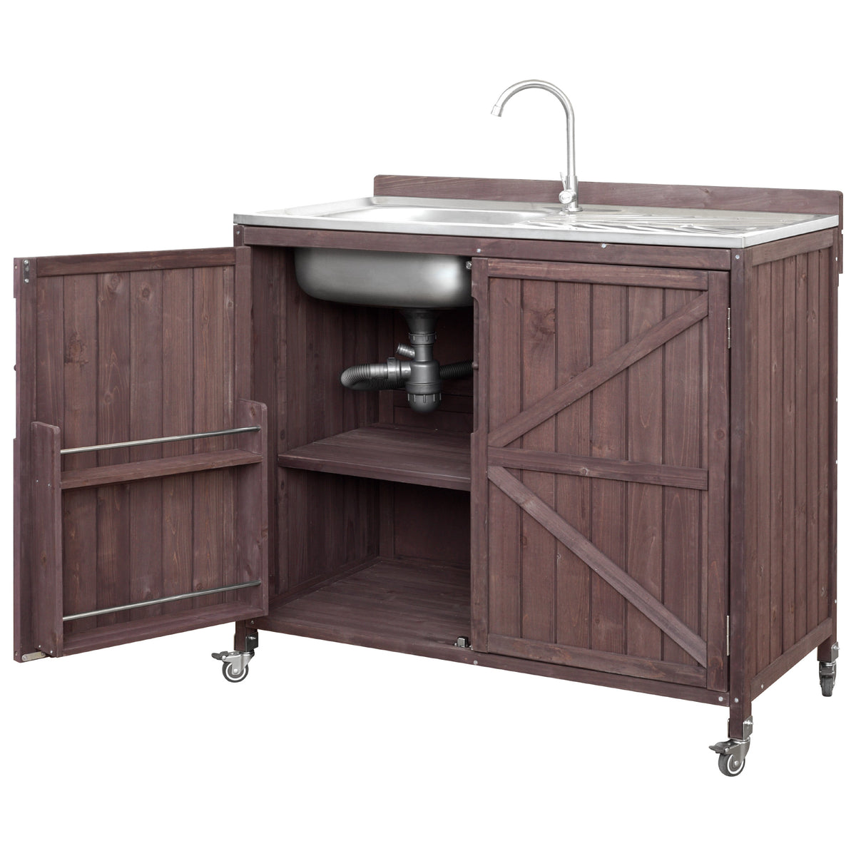 variant-group:rf-n707p370281z|Roomfitters 39.4" Outdoor Grill Cart with Stainless Steel Top, Prep Station with Sink and Storage Cabinet, Dark Brown