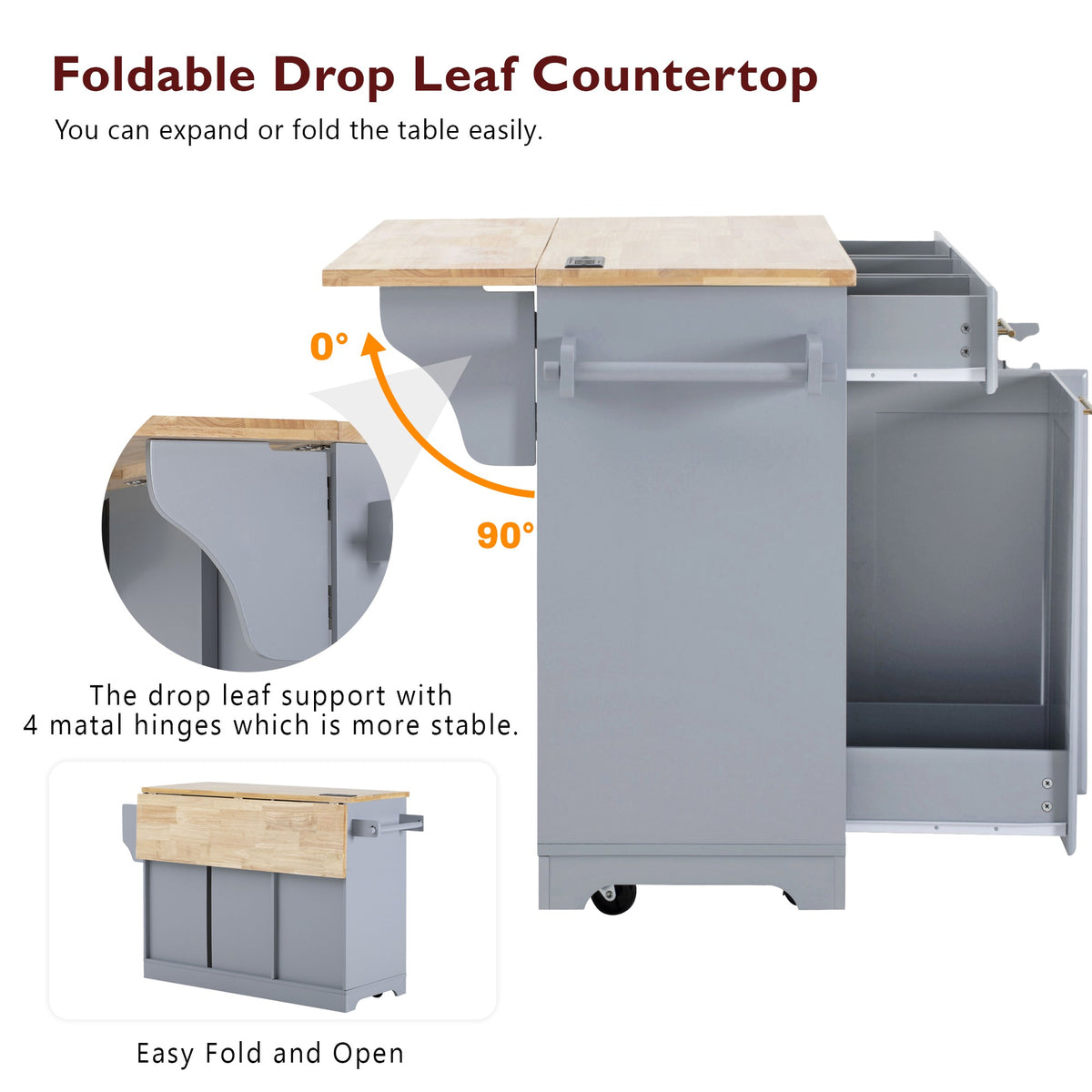 variant-group:rf-n707s299014g|Roomfitters 59.3" Kitchen Island with Power Outlet, Drop Leaf and Double Trash Can Pull Out, Rolling Cart, Grey+Blue