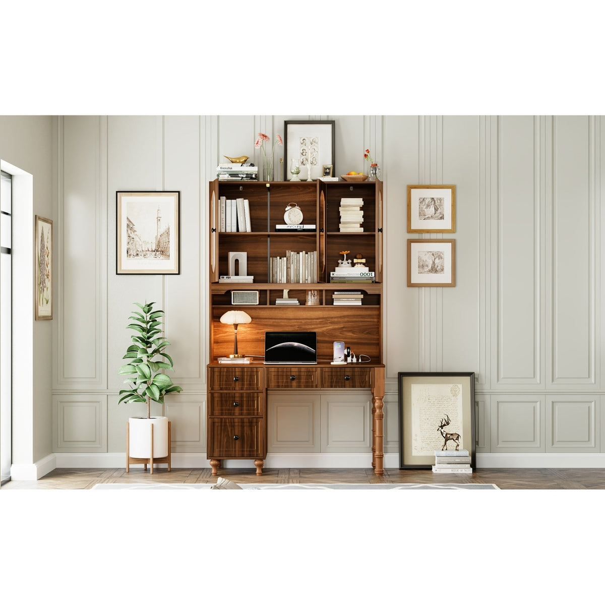 Roomfitters 47'' Retro Desk with Charging Ports and Hutch, Office Desk with 5 Storage Drawers and Glass Bookshelf, Walnut