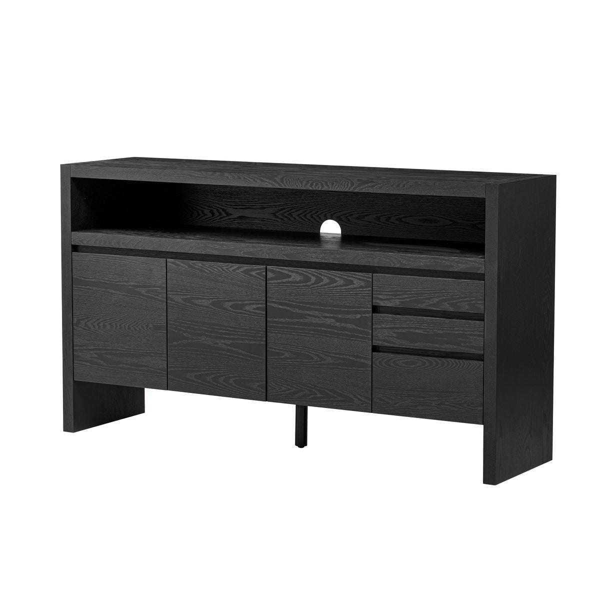 variant-group:rf-n711p289141b|Roomfitters 60" Modern Solid Wood Veneer Sideboard with 3 Doors & 3 Drawers, Open Shelf & Cable Cutout, Large Storage Cabinet for Dining, Hallway, Living Room, Black