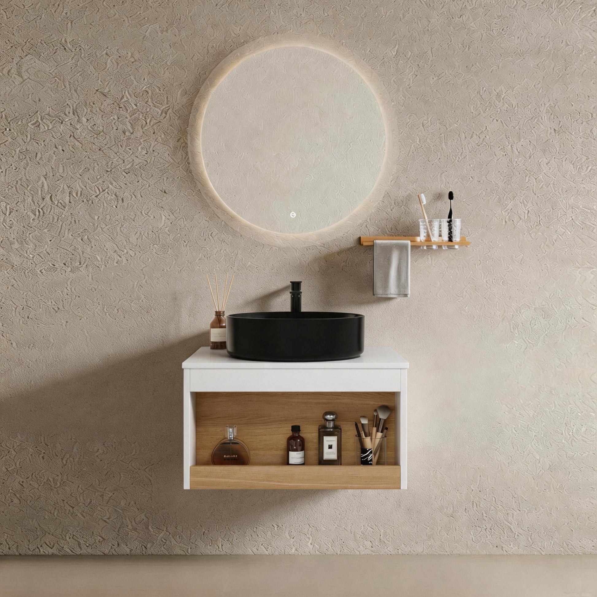 24" Floating Bathroom Vanity with Matte Black Round Vessel Sink, Wall-Mounted Vanity with Open Shelf Storage, White Finish with Durable Countertop, Space-Saving Modern Design (Ships in 2 Boxes)