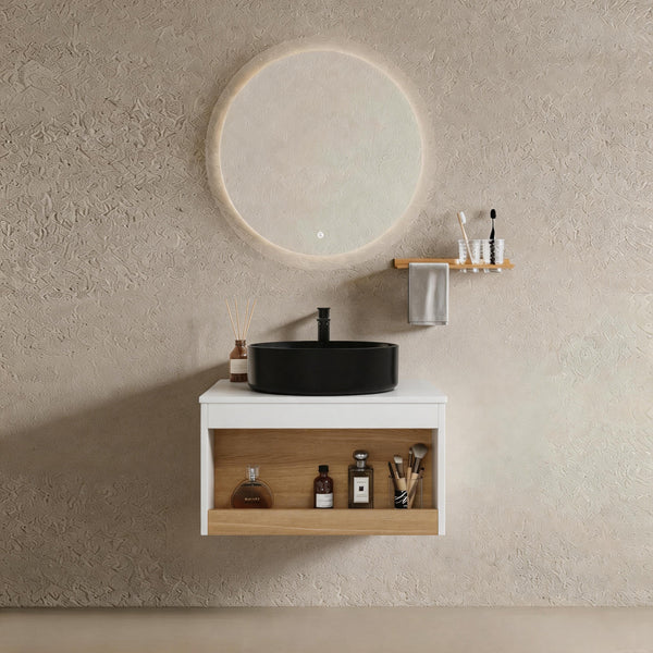 24" Floating Bathroom Vanity with Matte Black Round Vessel Sink, Wall-Mounted Vanity with Open Shelf Storage, White Finish with Durable Countertop, Space-Saving Modern Design (Ships in 2 Boxes)