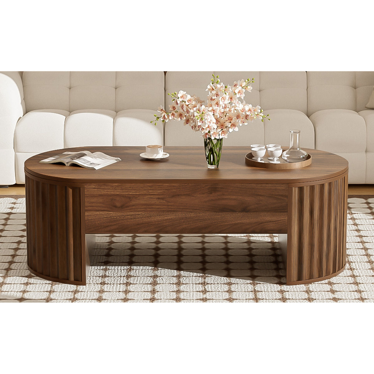 variant-group:rf-n724p308481d|Roomfitters Oval Lift-Top Coffee Table with Hidden Compartment, Wooden Center Table with Storage, Modern Design, Brown