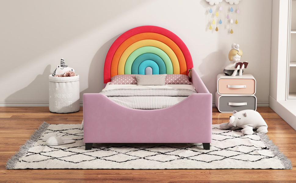 Roomfitters Twin Size Rainbow Upholstered Daybed Frame, Low to Ground Cute Princess Bed, Enclosed Fence, Colorful & Pink Roomfitters