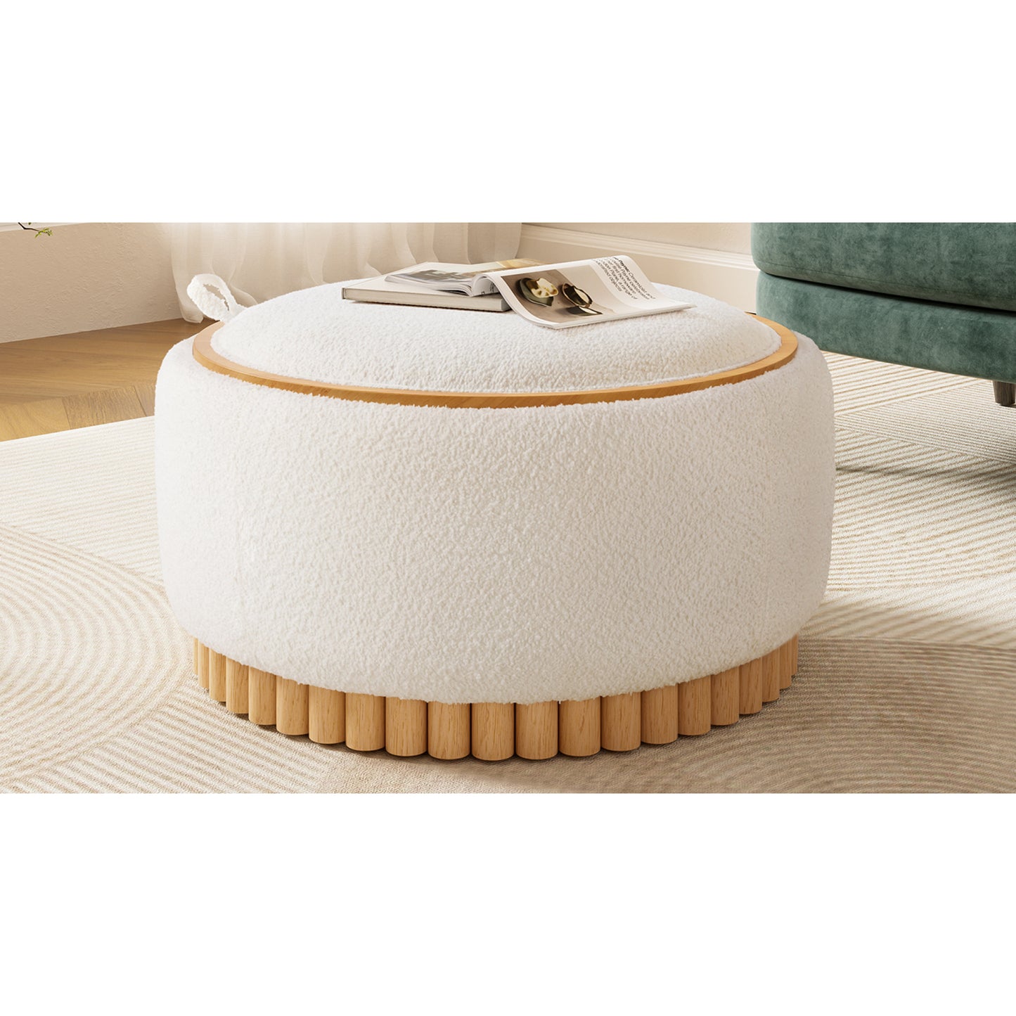 variant-group:rf-n723p405304a|Roomfitters 29 Inch Round Storage Ottoman with Reversible Wooden Tray Top, Upholstered Coffee Table for Living Room, Beige