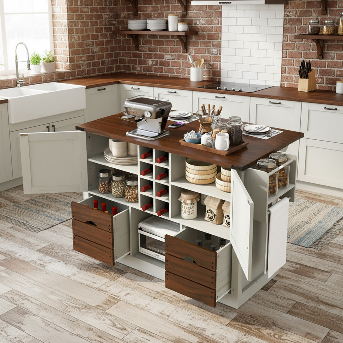 variant-group:rf-n707p349814w|Roomfitters 54" Farmhouse Kitchen Island with Drop Leaf, Power Outlet, Wine Rack, 2 Drawers, 2 Doors, White