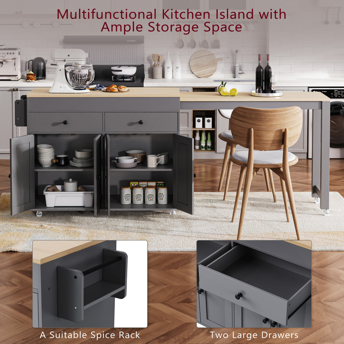 variant-group:rf-n707p333291g|Roomfitters 74.8" Rolling Kitchen Island with Extendable Dining Table, Mobile Cart with 4 Doors, 2 Drawers & Spice Rack, Grey