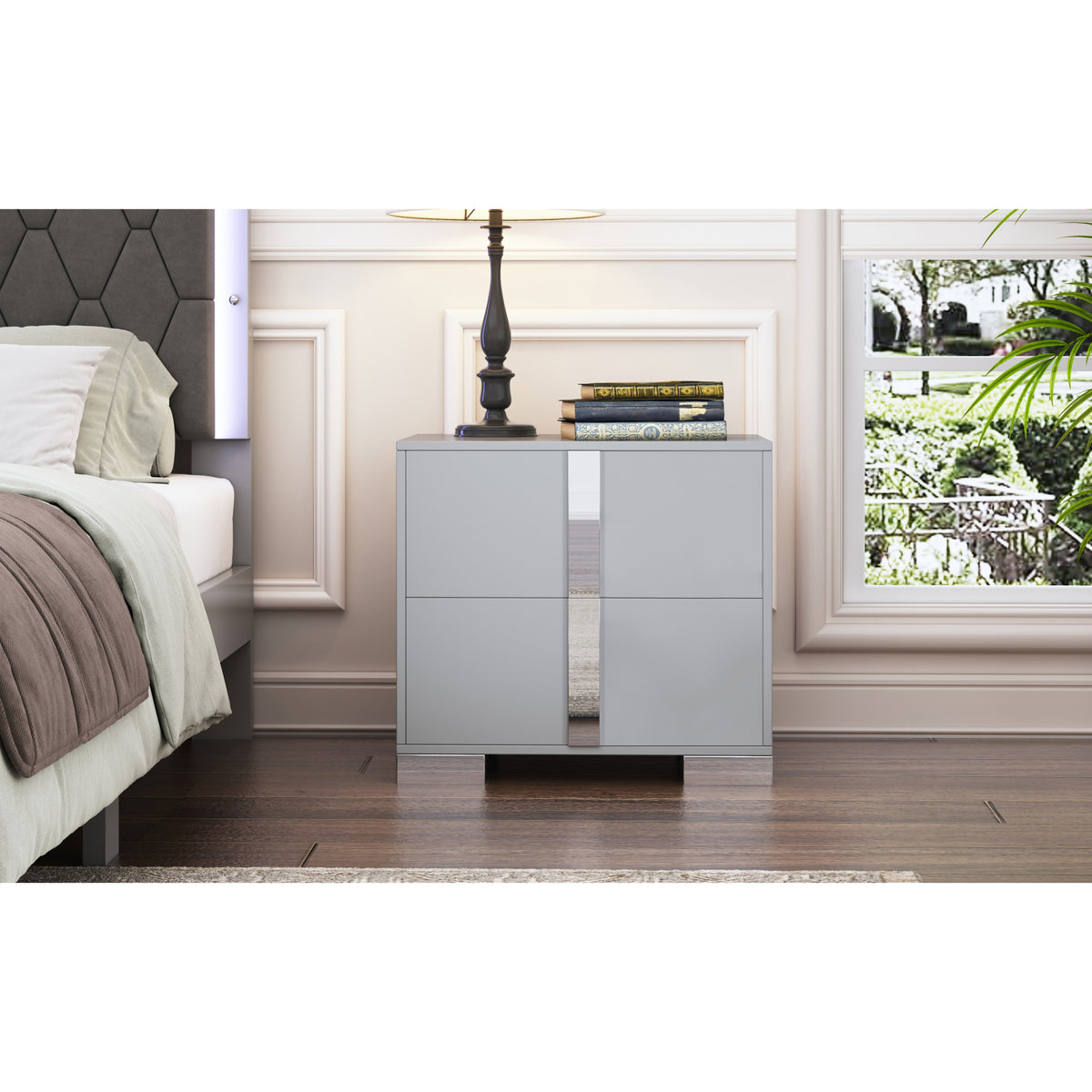 variant-group:rf-n733p307938g|Roomfitters Elegant Mirrored Nightstand with 2 Drawers and Metal Handle, Bedside Table for Bedroom or Living Room, Gray