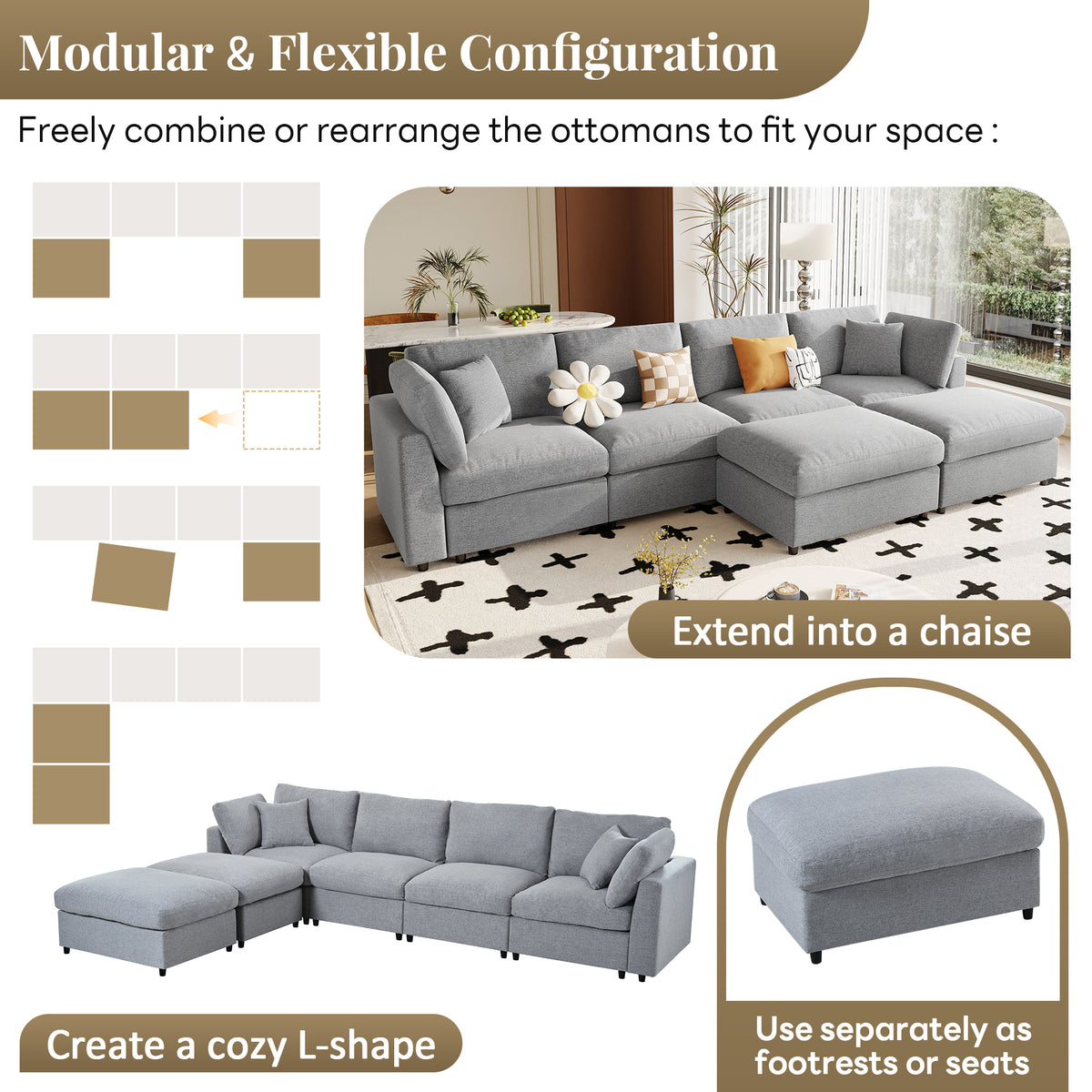 variant-group:rf-n711wy000474aae|Roomfitters 128.2-Inch Customizable U-Shaped Sectional Sofa, 6-Seater Chenille Couch, 2 Movable Ottomans, Pit Lounge, Grey