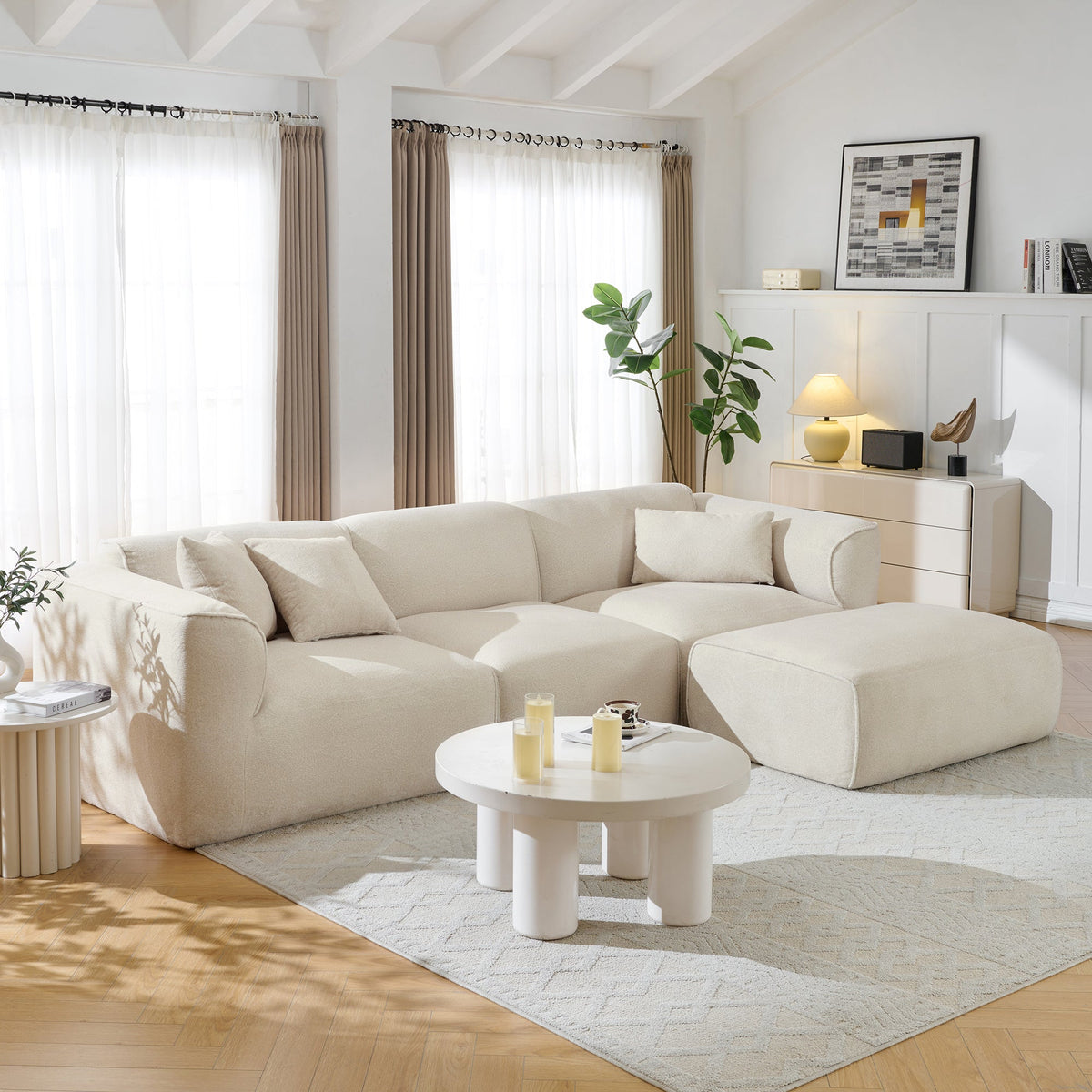Roomfitters Double-Needle Cut Velvet Sofa, 4-Seater Sectional Couch, Movable Chaise Ottoman, Beige Low-Profile Pit Roomfitters
