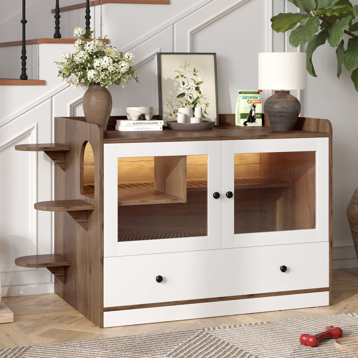Roomfitters Luxury Cat Litter Box Enclosure Furniture Side Table Cabinet with Deep Cleaning Drawer White Brown Roomfitters
