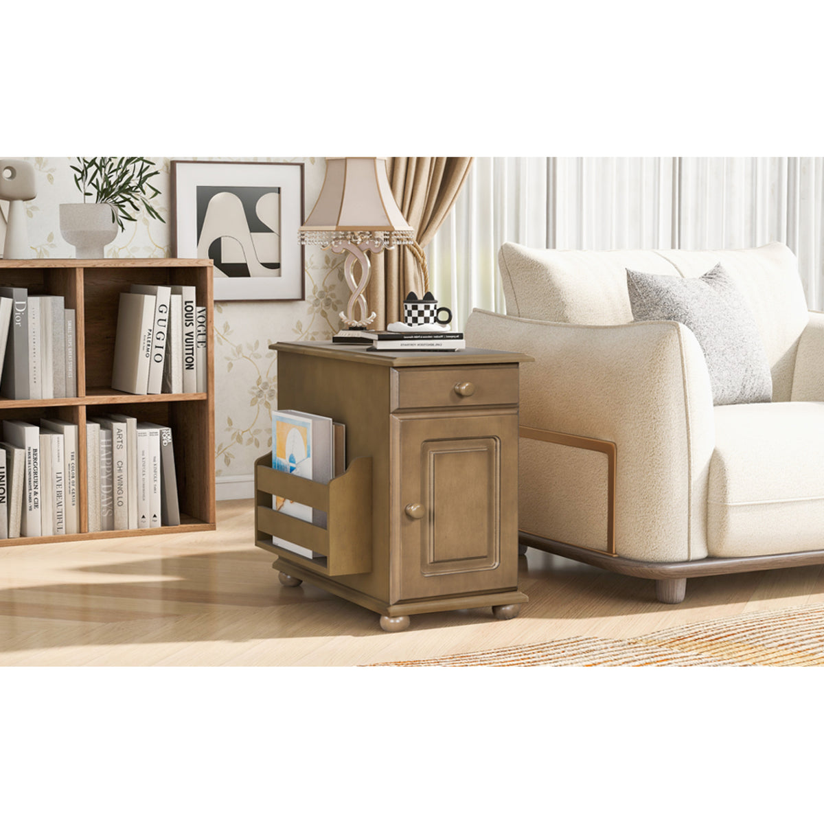 variant-group:rf-n724p293133d|Roomfitters Vintage Sofa Side Table with USB Ports, Flip Top, Cup Holders and Bookshelf Storage for Small Spaces, Brown