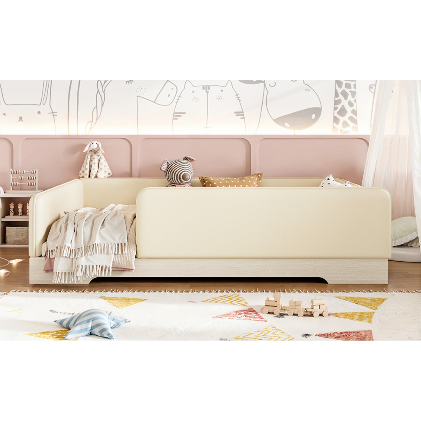variant-group:rf-w1580s00671|Roomfitters Full Size Upholstered Floor Bed Frame with Removable Guardrails, Faux Leather Low Profile Platform, Beige